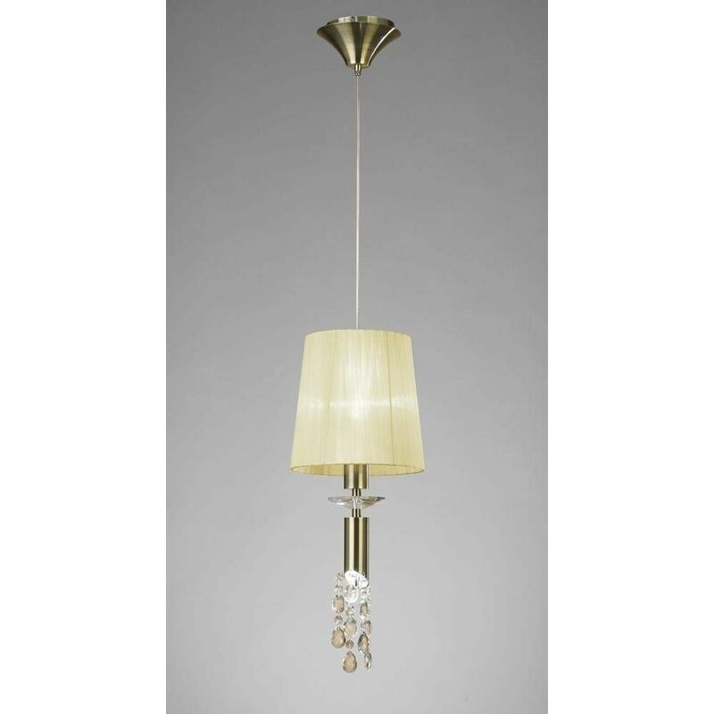 09diyas - Tiffany pendant light 1 + 1 E27 + G9 bulb, antique brass with Cream shade & transparent crystal