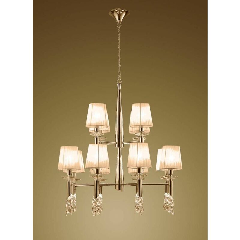 09diyas - Tiffany pendant light 2 Tier 12 + 12 Bulbs E14 + G9, gold with bronze shade & transparent crystal