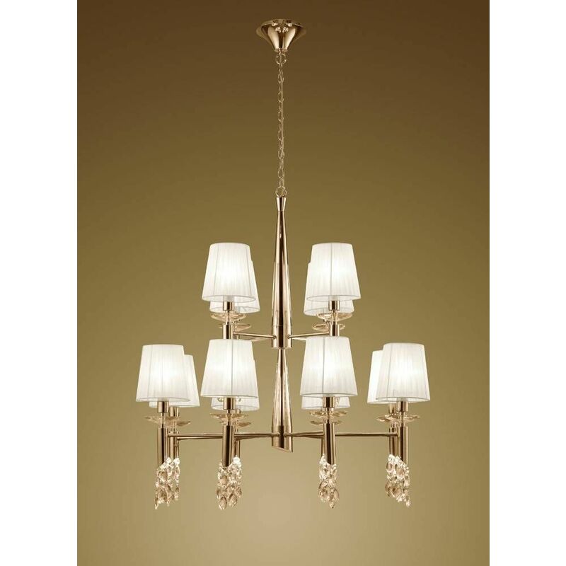 09diyas - Tiffany pendant light 2 Tier 12 + 12 Bulbs E14 + G9, gold with white lampshades & transparent crystal