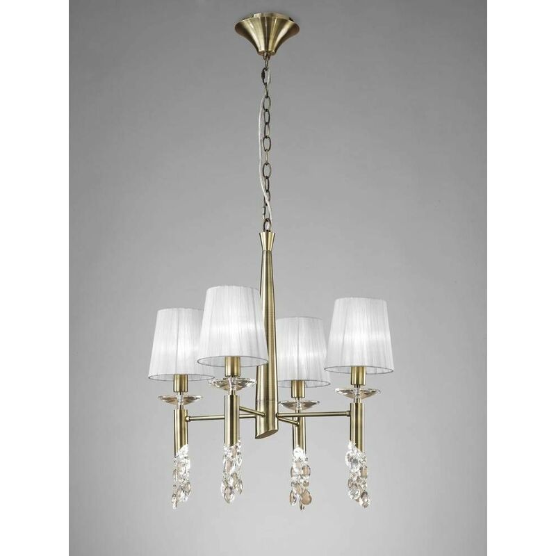Tiffany pendant light 4 + 4 E14 + G9 bulbs, antique brass with white lampshades & transparent crystal