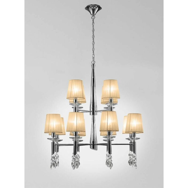 09diyas - Tiffany suspension 2 Tier 12 + 12 Bulbs E14 + G9, polished chrome with bronze shade & transparent crystal