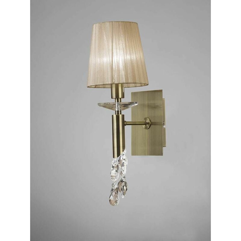 09diyas - Tiffany wall light with switch 1 + 1 Bulb E14 + G9, antique brass with bronze shade & transparent crystal