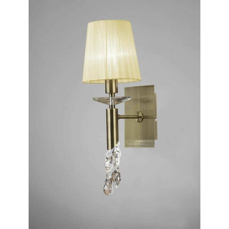 09diyas - Tiffany wall light with switch 1 + 1 Bulb E14 + G9, antique brass with cream shade & transparent crystal