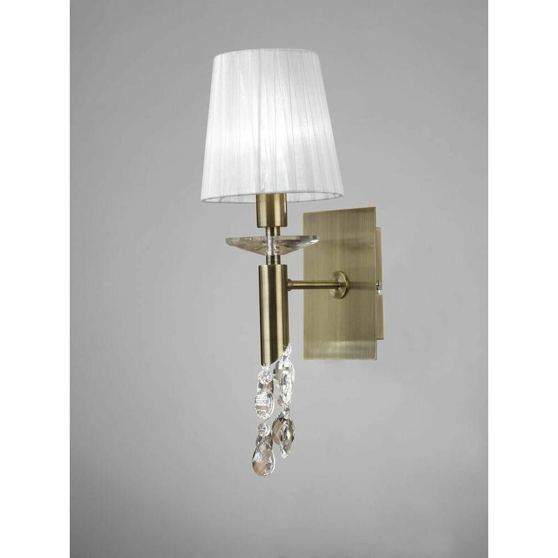 Tiffany wall light with switch 1 + 1 Bulb E14 + G9, antique brass with white lampshade & transparent crystal