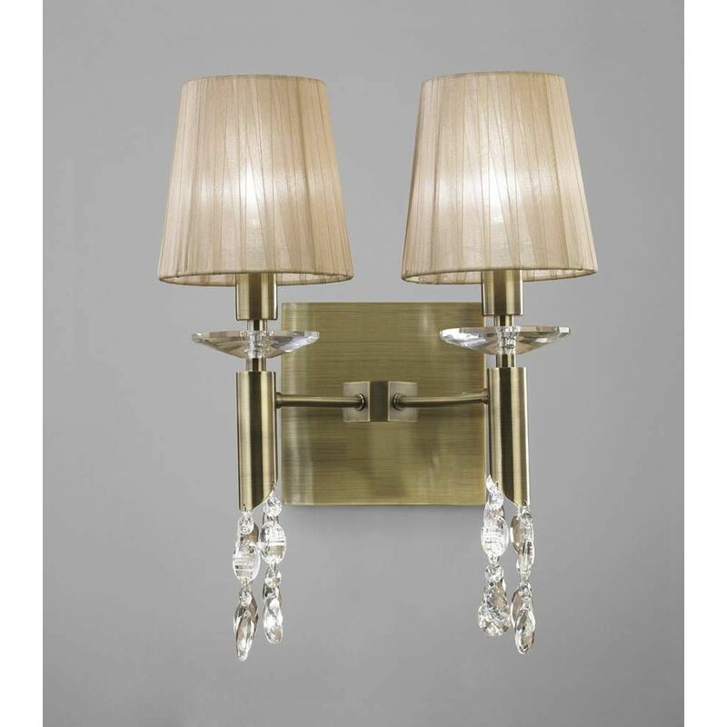 09diyas - Tiffany wall light with switch 2 + 2 Bulbs E14 + G9, antique brass with bronze shade & transparent crystal