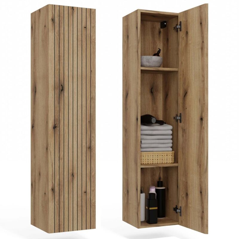 Topeshop – Armoire murale de salle de bain suspendue – Façade rainurée chêne evoke – Dimensions 135x31x29,5 cm – Montage suspendu, intérieur divisé Topeshop – Armoire murale de salle de bain suspendue – Façade rainurée chêne evoke – Dimensions 135x31x29,5 cm – Montage suspendu, intérieur divisé