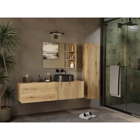 TOPESHOP TIGO - meuble sous-lavabo chêne façade rainurée 2 tiroirs - 140×37,5×53 cm