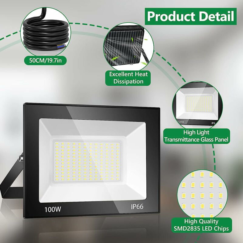100W Projecteur led Exterieur , 10000LM 7000K Spot led Extérieur, 144 Puces IP66 Imperméable Blanc Froid Eclairage de Sécurité led, Luminaire