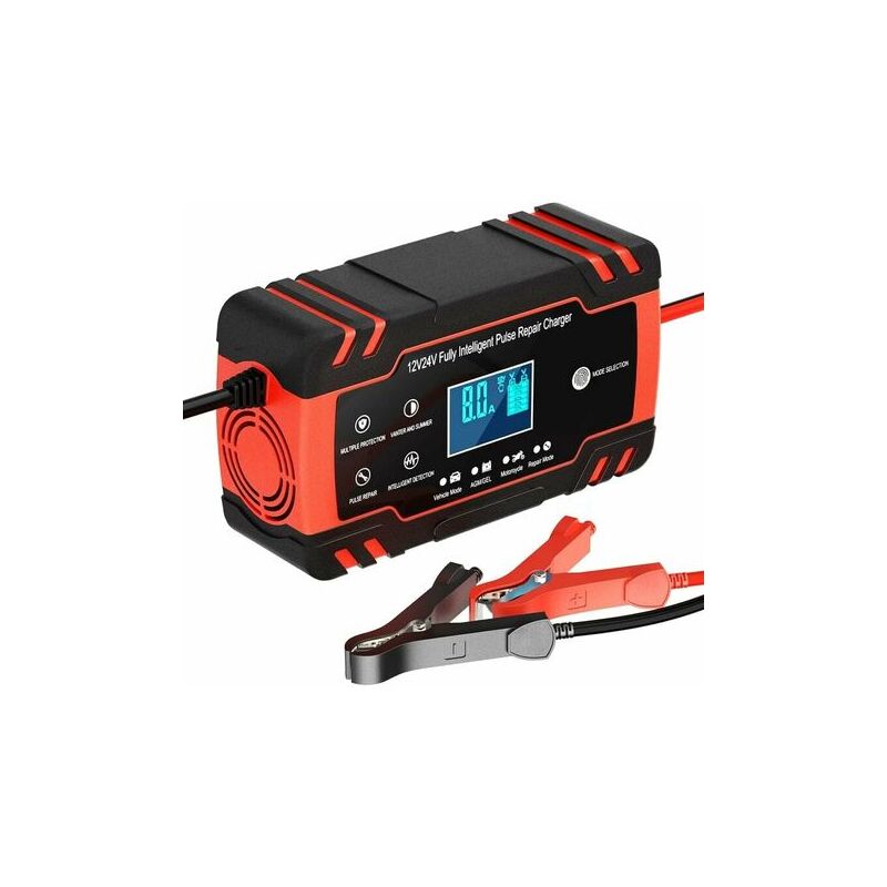 Tigrezy - 12V/24V 8A Intelligent Battery Charger, Battery Charger Maintainer and Automatic Repair Function Portable with lcd Display, for Car