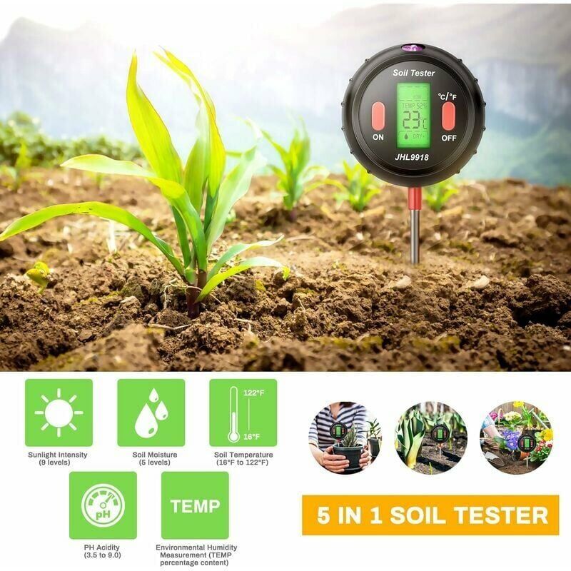 Tigrezy - 5 in 1 Digital Soil Tester - ph Meter, Sunlight, Temperature, Moisture Meter for Lawn Care(Nior)