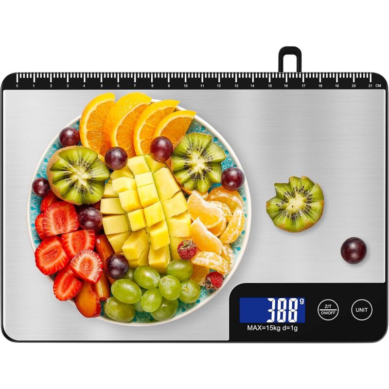 Balance de Cuisine Electronique 15 kg, Professionnel avec Grand Panneau, Balance de Précision, Tactile Sensible & Écran lcd, Fonction Tare, avec 2