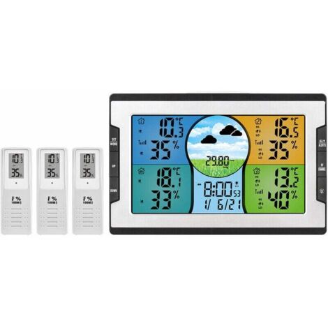 Tigrezy – Digitale Wetterstation mit 3 Fernsensoren, 100 m, Wecker mit Snooze-Thermohygrometer mit Wettervorhersage/Druck/Hintergrundbeleuchtung