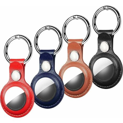 Tigrezy [Lot de 4] Porte Clé pour Apple AirTag en Cuir, Air Tag Support Accessoires Porte Clef AirTags, [Anti-Chute, Anti-Rayures] Etui Collier Chien Bagages (Noir, Marron, Bleu, Rouge)