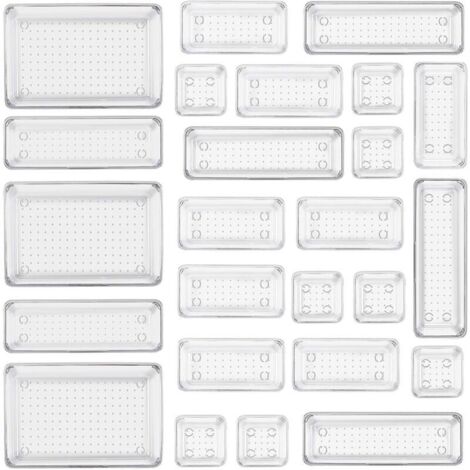 Tigrezy, Set di 25 organizer trasparenti per cassetti, con 4 misure di scatole portaoggetti in plastica, organizer per trucchi trasparente antiscivolo per il bagno, cosmetici
