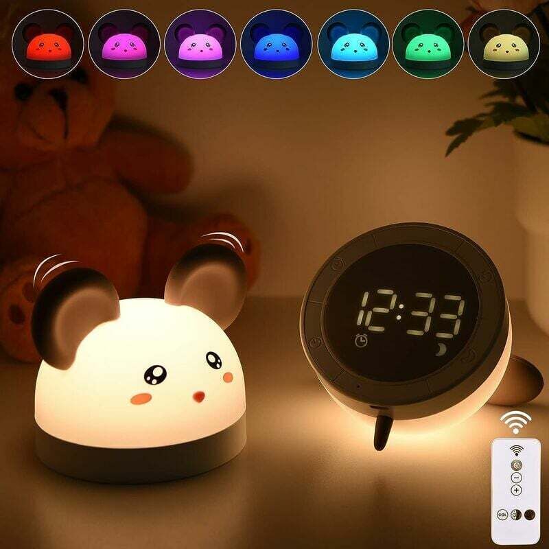 Veilleuse Enfant 3-en-1 Réveil et Veilleuse 7 Couleurs led Portable Souris Horloge de Chevet en Silicone Luminosité Réglable avec Télécommande usb