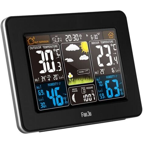 Tigrezy Wireless Weather Station Digital Colorful Weather Clock with Outdoor Sensor Indoor Outdoor Thermometer with Date Temperature Humidity Barometer Alarm Phase