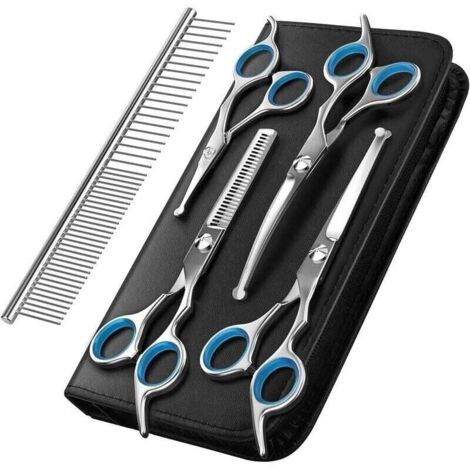 Tijeras para el cuidado de perros ZVD, juego de 5 herramientas de aseo para mascotas de acero inoxidable con revestimiento de titanio, tijeras de entresacar/rectas/curvas y peine, azul-