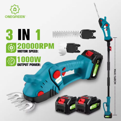 Tijeras telescópicas multifuncionales 3 en 1, cortasetos inalámbricos, 20 000 rpm, compatible con baterías de 21 V y 18 V (2 baterías)