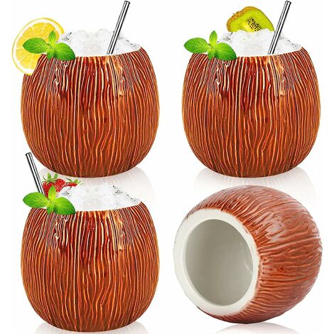 Tiki-Becher 4er-Set Kokosnuss-Becher Tiki-Becher Keramik-Kokos-Becher 17 Unzen für Neuheit-Kaffeetassen