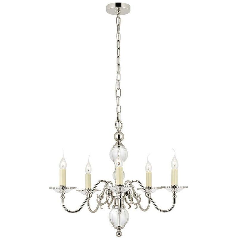Interiors 1900 Lighting - Interiors - 5 Light Multi Arm Ceiling Pendant Chandelier Polished Nickel, Clear Crystal, E14