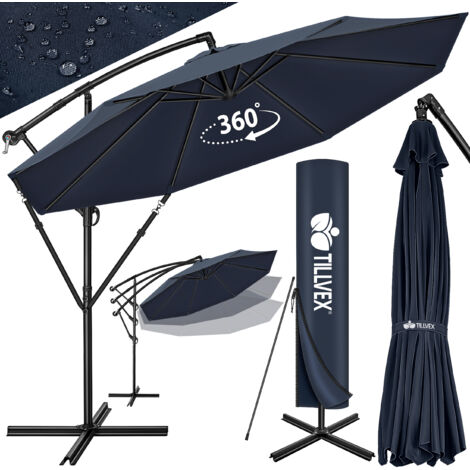 tillvex 300 cm Sombrilla Excentrico Azul Parasol para Terraza Jardín Balcón Patio con Manivela y Base en Cruz, giratorio 360º, Protección UV