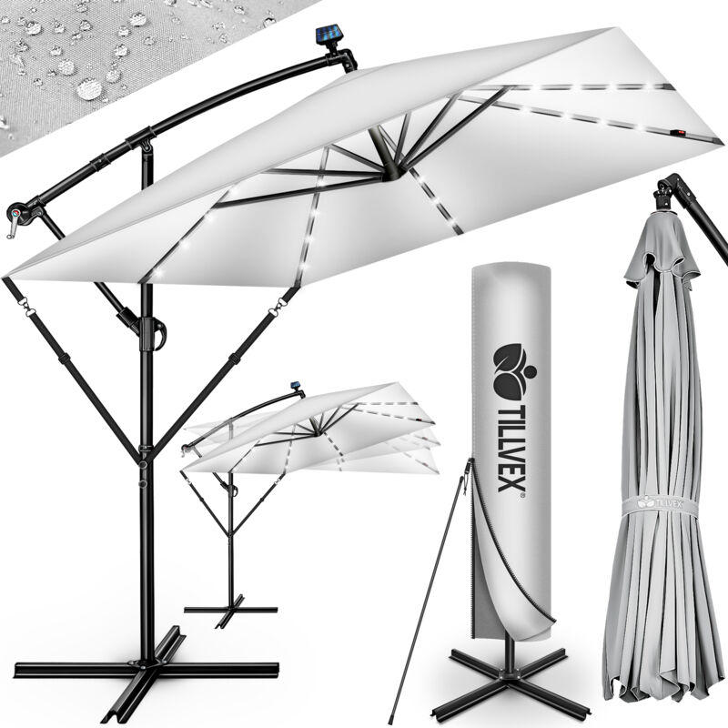 Tillvex Alu Sonnenschirm Rechteckig Ø 330 Cm Mit Led Solar Grau + Abdeckung Mit Kurbel Ampelschirm Mit Ständer & Windschutz Gartenschirm Uv-schutz,