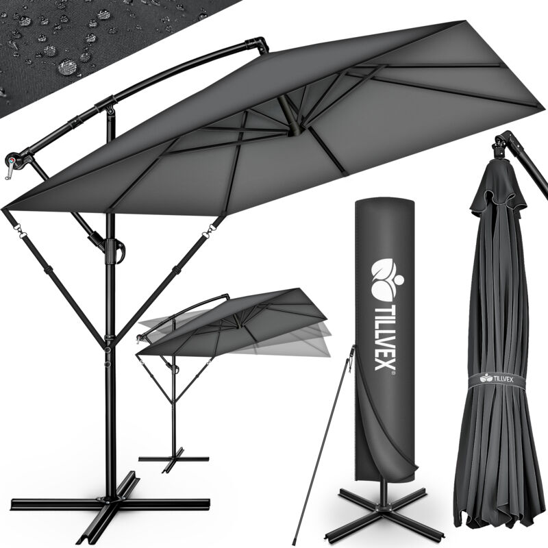 Tillvex Alu Sonnenschirm Rechteckig Ø 330 Cm Anthrazit + Abdeckung Mit Kurbel Ampelschirm Eckig Mit Ständer & Windschutz Gartenschirm Uv-schutz Aluminium
