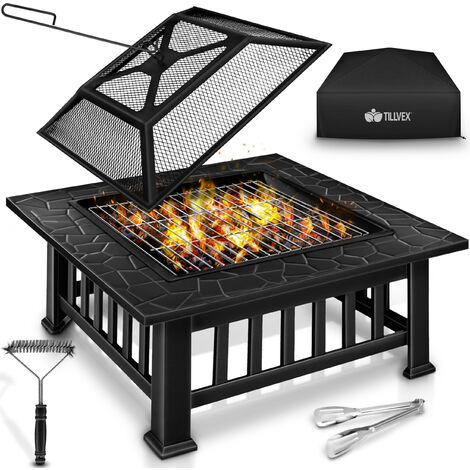 tillvex Braciere con Parascintille e Griglia  Braciere Esterno per il Giardino  3 in 1 BBQ Grill con Coperchio, Attizzatoio, Pinze e Griglia a Carbone