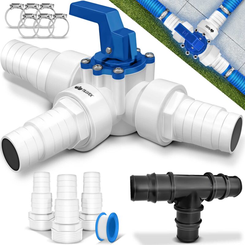 Tillvex® Bypass Set Pool 12-tlg. - Ø32 & 38 Mm Anschluss 3-wege-ventil & Abs-adapter 6x Schlauchschellen & 8m Isolierband – Ideal Für
