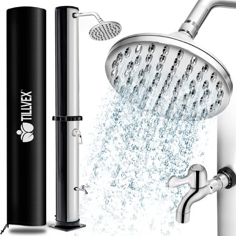 tillvex Douche solaire 20 - 35 litres - Housse de protection incluse, Douche de jardin solaire - Douche de jardin chaude - Sans raccordement électrique - Avec robinet et pommeau de douche de pluie