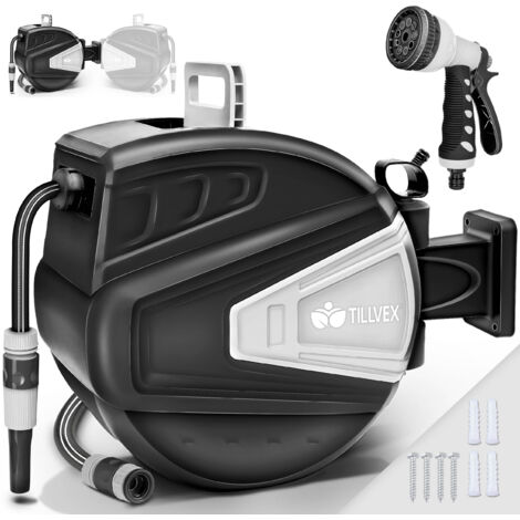 tillvex Enrollador de manguera de agua negro de 30+2 m con soporte de pared y asa de transporte Enrollador de manguera con ducha de mano y manguera de jardín Giratorio 180° Portamanguera de pared c