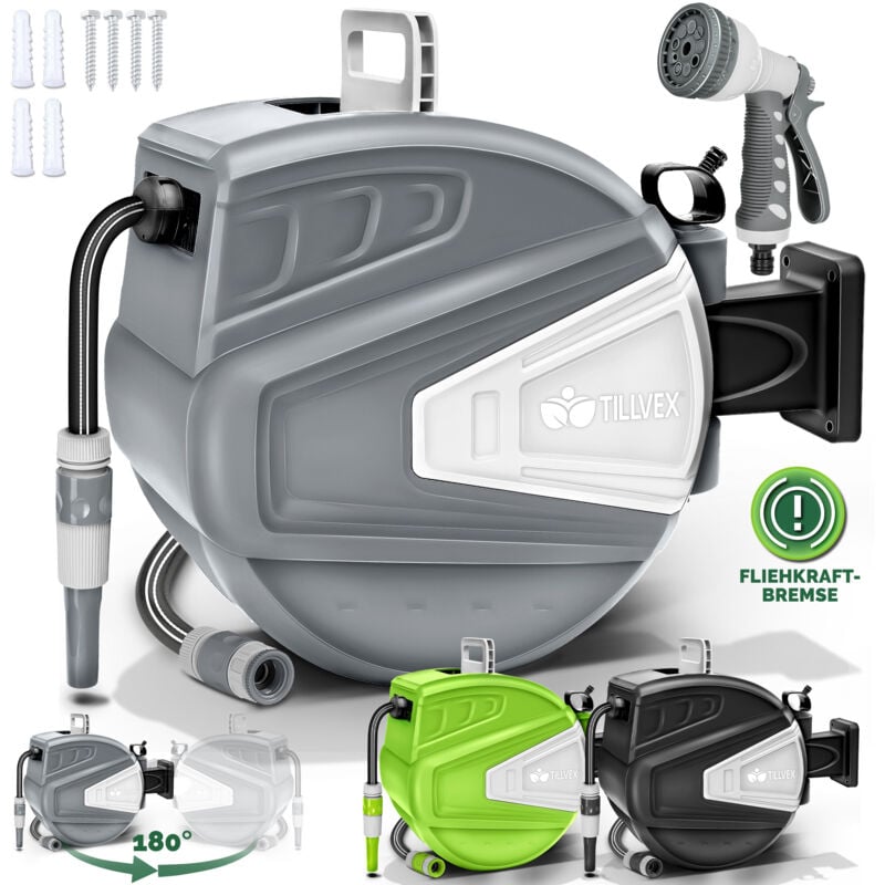 Enrouleur de Tuyau d'arrosage 20+2m Noir pour Jardin - avec support mural + poignée Dévidoir pour tuyau avec pistolet à eau et tuyau d'arrosage