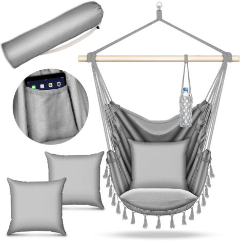 tillvex Fauteuil suspendu gris avec 2 coussins  Fauteuil suspendu avec porte-gobelet et compartiment à livres  Siège suspendu résistant aux intempéries - Intérieur et extérieur  Panier suspendu avec s