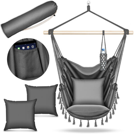 tillvex Hamac Chaise Suspendu 200kg  Anthracite  2 coussin Chaise Relax à Franges - Intérieur et Extérieur  Hamac avec