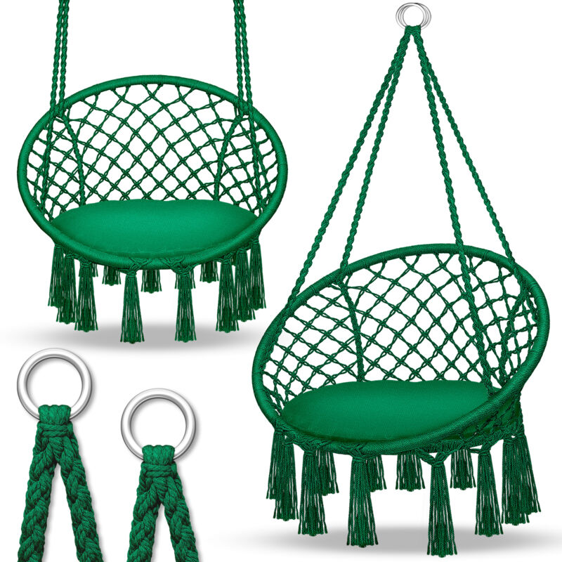 tillvex Fauteuil suspendu vert 200 kg Fauteuil suspendu intérieur et extérieur Panier suspendu résistant aux intempéries Panier suspendu avec coussin
