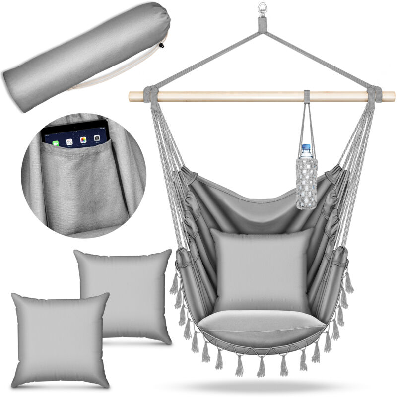 tillvex Fauteuil suspendu gris avec 2 coussins Fauteuil suspendu avec porte-gobelet et compartiment à livres Siège suspendu résistant aux intempéries