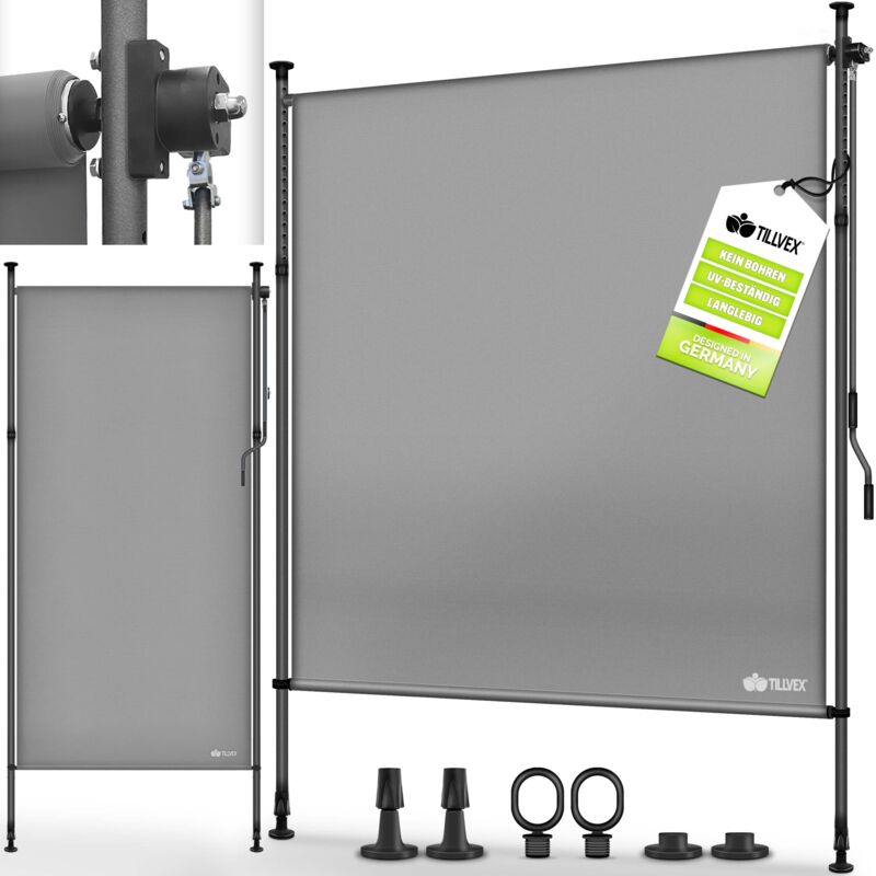 Tillvex Klemmmarkise Senkrechtmarkise 150x310cm Grau Mit Handkurbel Ohne Bohren Sichtschutz Ausziehbar & Blickdicht Vertikalmarkise Balkon Terrasse Garten