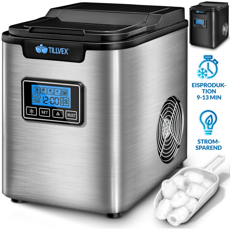 Machine à glaçons Noir en inox 12 kg - 24 h Préparation de glaçons avec minuterie et réservoir 2,2 litres Ice Maker avec écran led et nettoyage