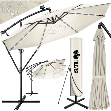 Tillvex – Parasol déporté 300 cm en aluminium – Protection UV 50+ – LED solaire avec interrupteur – Inclinaison réglable 360° – Entoilage déperlant