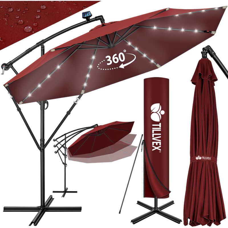 Parasol déporté led solaire (Rouge) en aluminium 300 cm - Avec manivelle - Avec interrupteur marche/arrêt - Protection uv - Parasol à manivelle avec