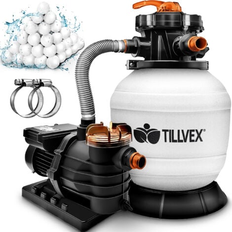 tillvex Sandfilteranlage Pool 10 m³/h inkl. 800g Filterbälle weiß/orange  Filteranlage 7-Wege Ventil & 2in1 Adapter Ø32mm - 38mm  Poolfilter mit Druckanzeige  Sandfilter für Schwimmbecken