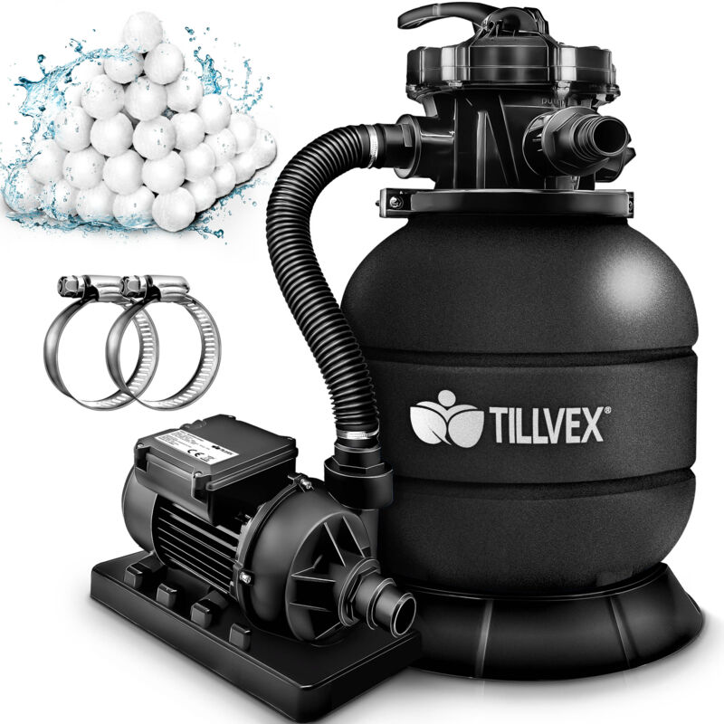 Tillvex Sandfilteranlage Pool 7.900l/h Inkl. 400g Filterbälle Schwarz Filteranlage 7-wege Ventil & 2in1 Adapter Ø32mm - 38mm Poolfilter Mit Druckanzeige