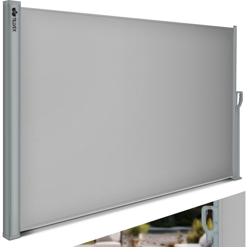 Tillvex® Seitenmarkise 200x400 Cm Grau Ausziehbar & Blickdicht Sichtschutz Für Balkon, Garten & Terrasse Seitenrollo Mit Wandhalterung Sonnenschutz