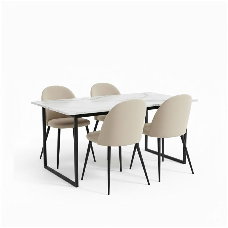 Ebuy24 Tilst Essgruppe Tisch Weiß Marmor Print 90x160 4 Stühlen Velour Beige.