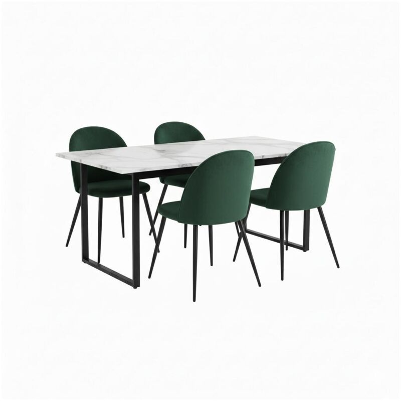 Ebuy24 Tilst Essgruppe Tisch Weiß Marmor Print 90x160 4 Stühlen Velour Grün.