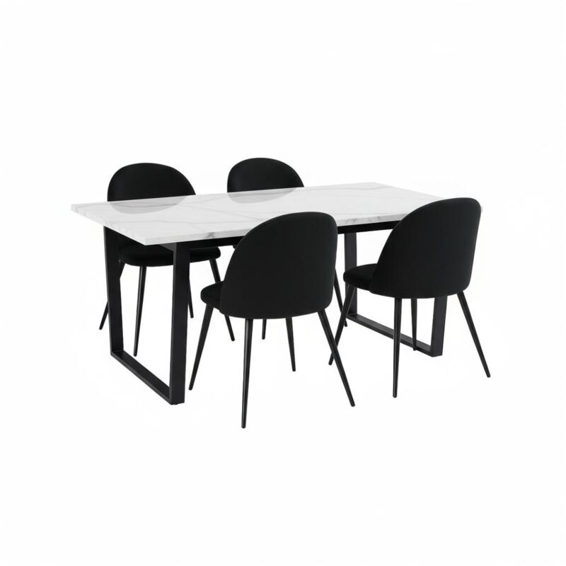 Ebuy24 - Tilst Essgruppe Tisch Weiß Marmor Print 90x160 4 Stühlen Velour Schwarz.