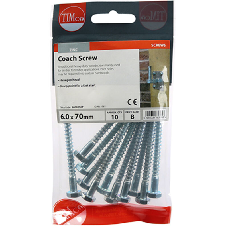Timco - Coach Screws - Hex - Zinc (Size 6.0 x 70 - 10 Pieces)