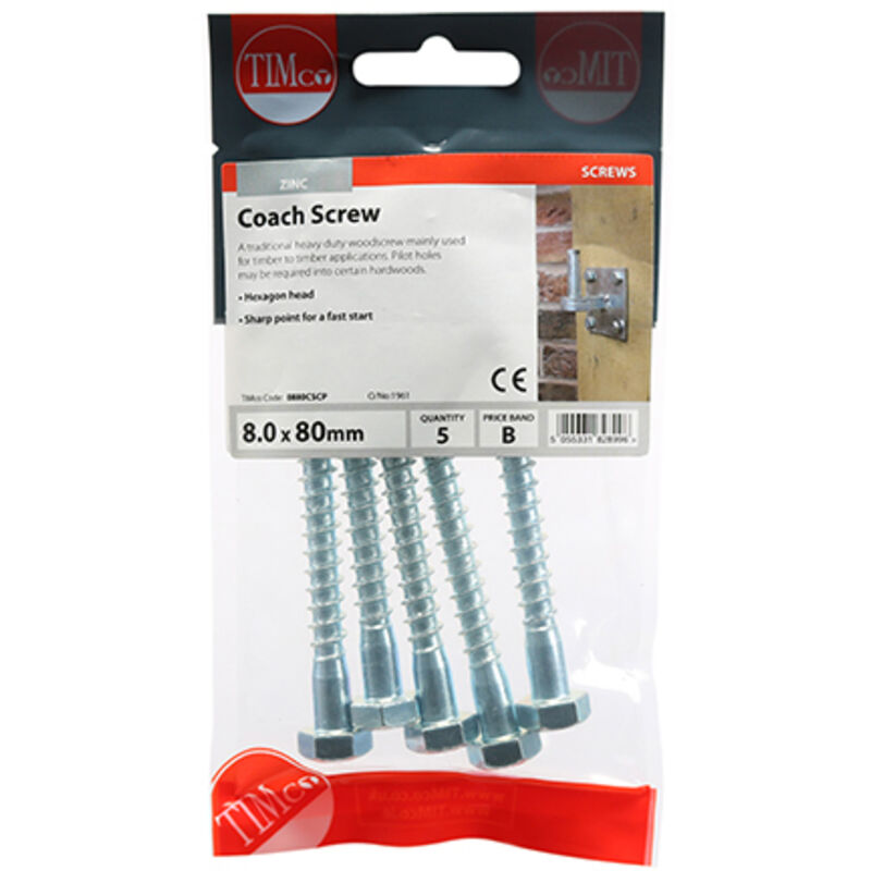 Timco - Coach Screws - Hex - Zinc (Size 8.0 x 80 - 5 Pieces)