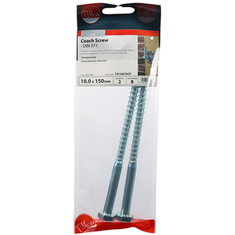 Timco - Coach Screws - Hex - Zinc (Size 10.0 x 150 - 2 Pieces)