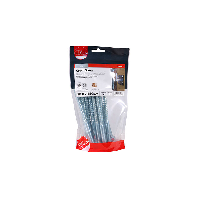 Timco - Coach Screws - Hex - Zinc (Size 10.0 x 150 - 18 Pieces)